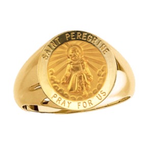 St. Peregrine Ring. 14k gold, 15 mm round top - Click Image to Close