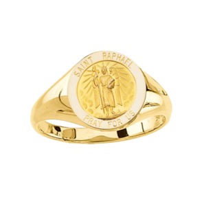 St. Raphael Ring. 14k gold, 12 mm round top - Click Image to Close