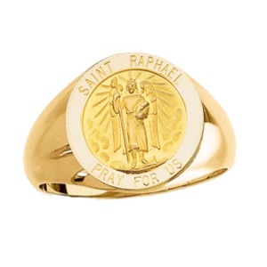 St. Raphael Ring. 14k gold, 15 mm round top - Click Image to Close