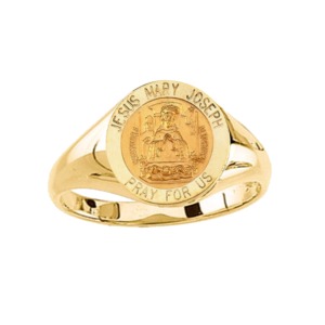 Jesus Mary and Joseph Ring. 14k gold, 12 mm round top - Click Image to Close