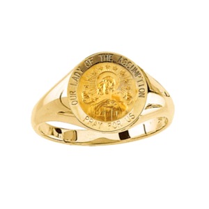 Lady of the Assumption Ring. 14k gold, 12 mm round top - Click Image to Close