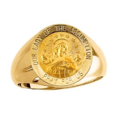 Lady of the Assumption Ring. 14k gold, 15 mm round top - Click Image to Close