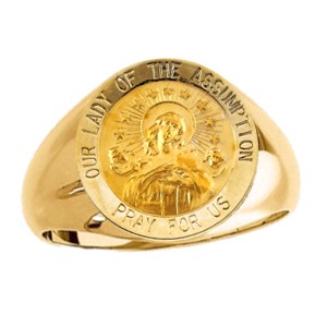 Lady of the Assumption Ring. 14k gold, 18 mm round top - Click Image to Close