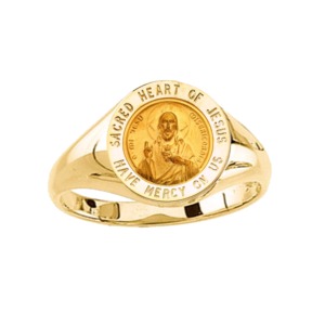 Sacred Heart of Jesus Ring. 14k gold, 12 mm round top - Click Image to Close