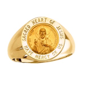 Sacred Heart of Jesus Ring. 14k gold, 15 mm round top - Click Image to Close