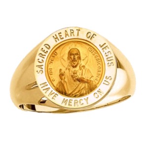 Sacred Heart of Jesus Ring. 14k gold, 18 mm round top - Click Image to Close